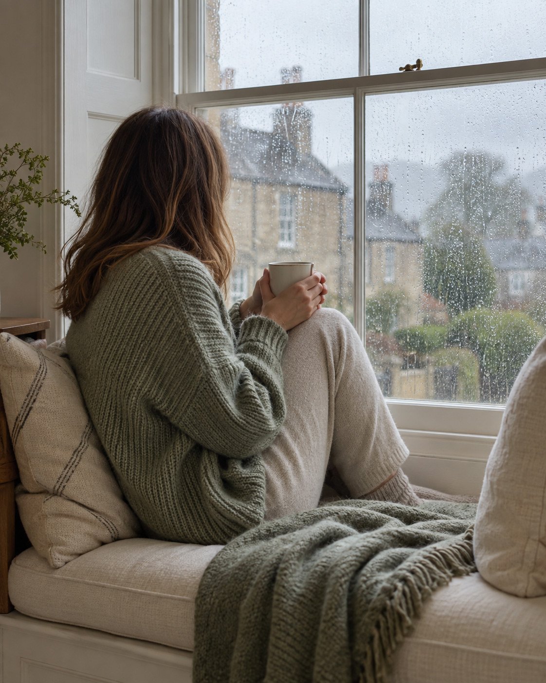 An adult sitting in a window seat holding a mug, seen from the side.