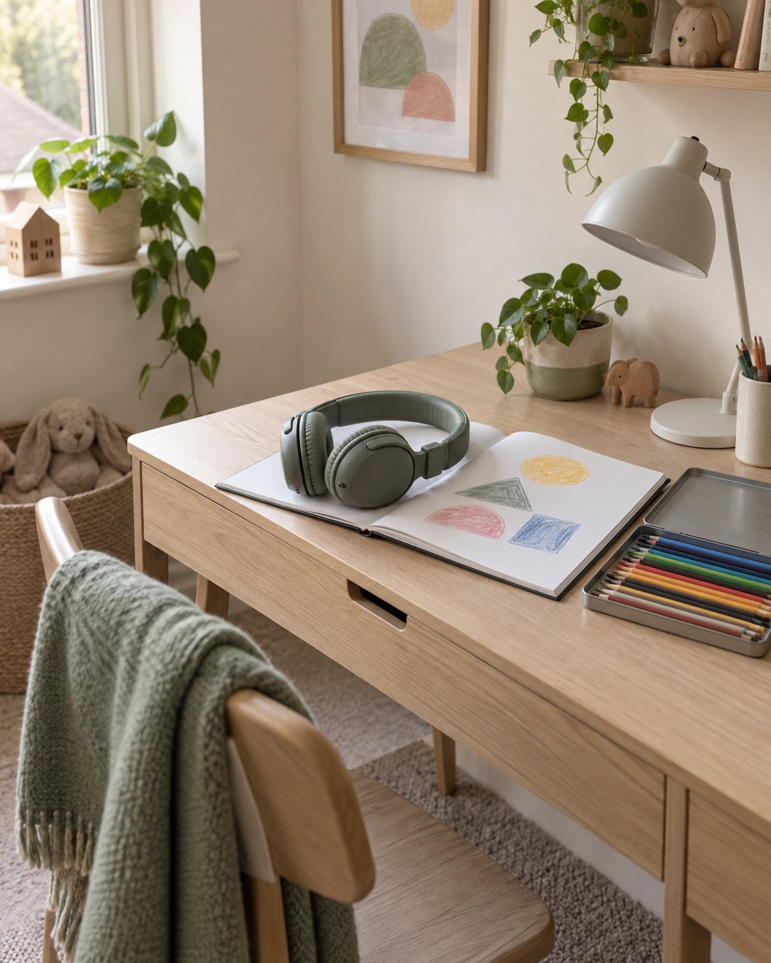 Noise-reducing headphones resting on an open sketchbook with coloured pencils.