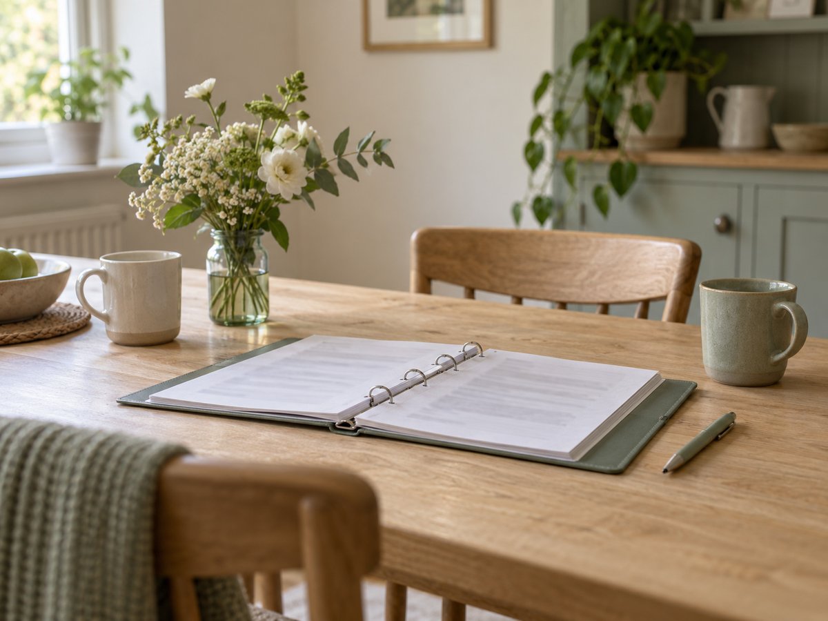An open ring binder, a pen and two mugs on a kitchen table in morning light.