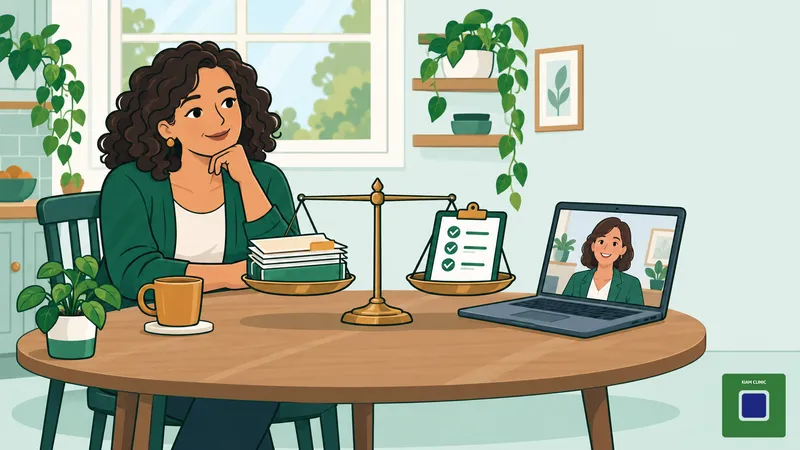 Woman at a kitchen table weighing up the cost of a private ADHD assessment in the UK, with a checklist and laptop