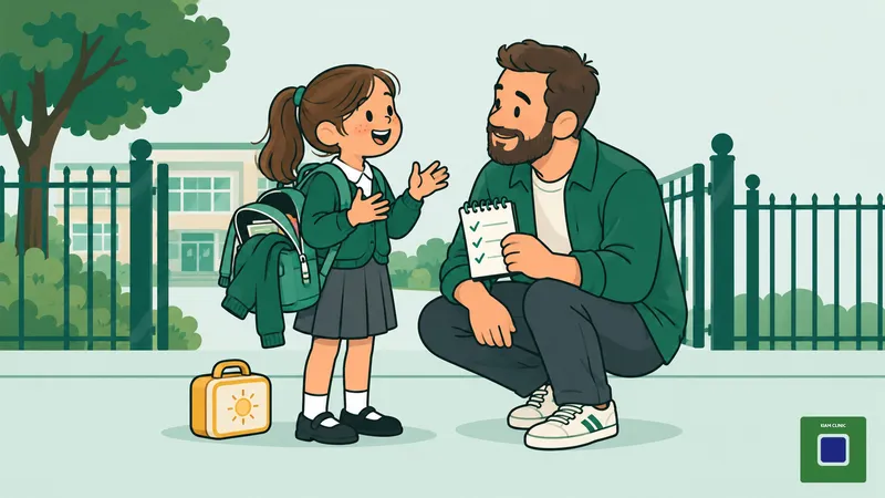 A parent kneels at the school gate to listen to their child, notebook in hand, thinking about possible signs of ADHD.