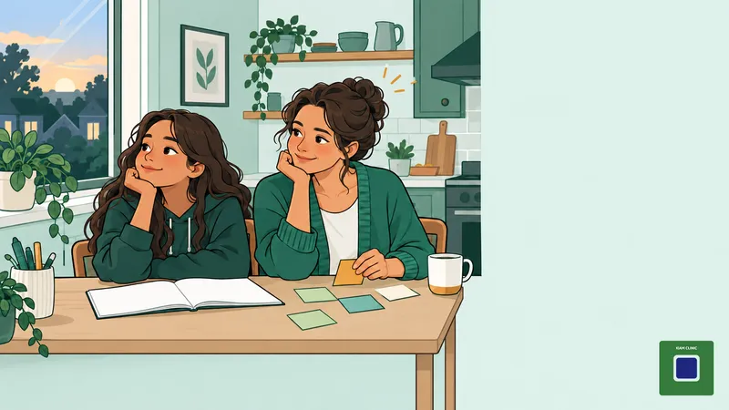Mother and teenage daughter at a kitchen table with sticky notes, a quiet moment of recognising ADHD in women and girls