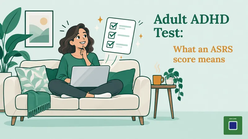 Woman on a sofa taking a short online adult ADHD test on her laptop as a checklist of ticks rises from the screen