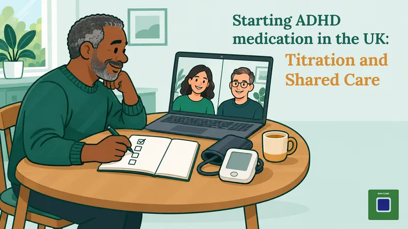 Man on a video call with two clinicians, ticking a progress chart at home during ADHD medication titration
