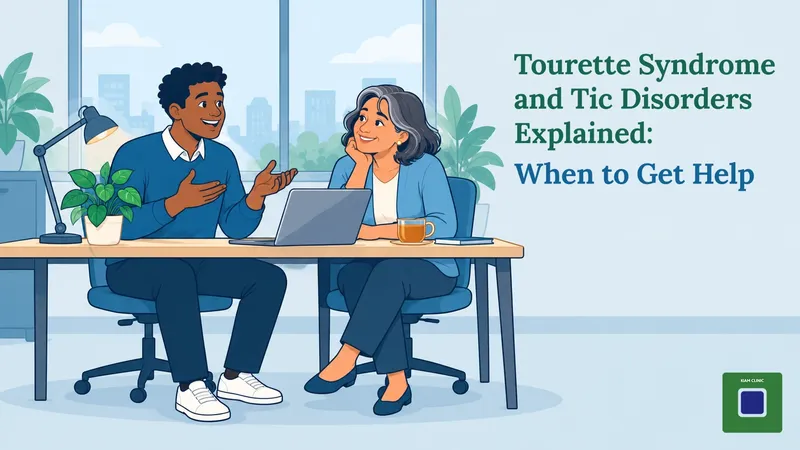 Young man with Tourette syndrome chatting confidently with a smiling, understanding colleague at a shared office desk.