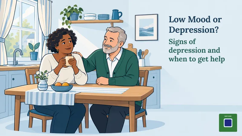 Friend's hand on a woman's shoulder at a sunlit kitchen table as they talk about low mood and signs of depression