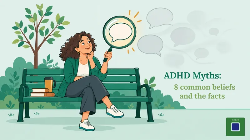 Woman on a park bench looking through a magnifying glass at blank speech bubbles, questioning common ADHD myths