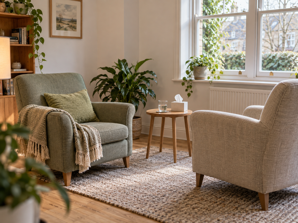 Two armchairs turned towards each other beside a window in a quiet room.