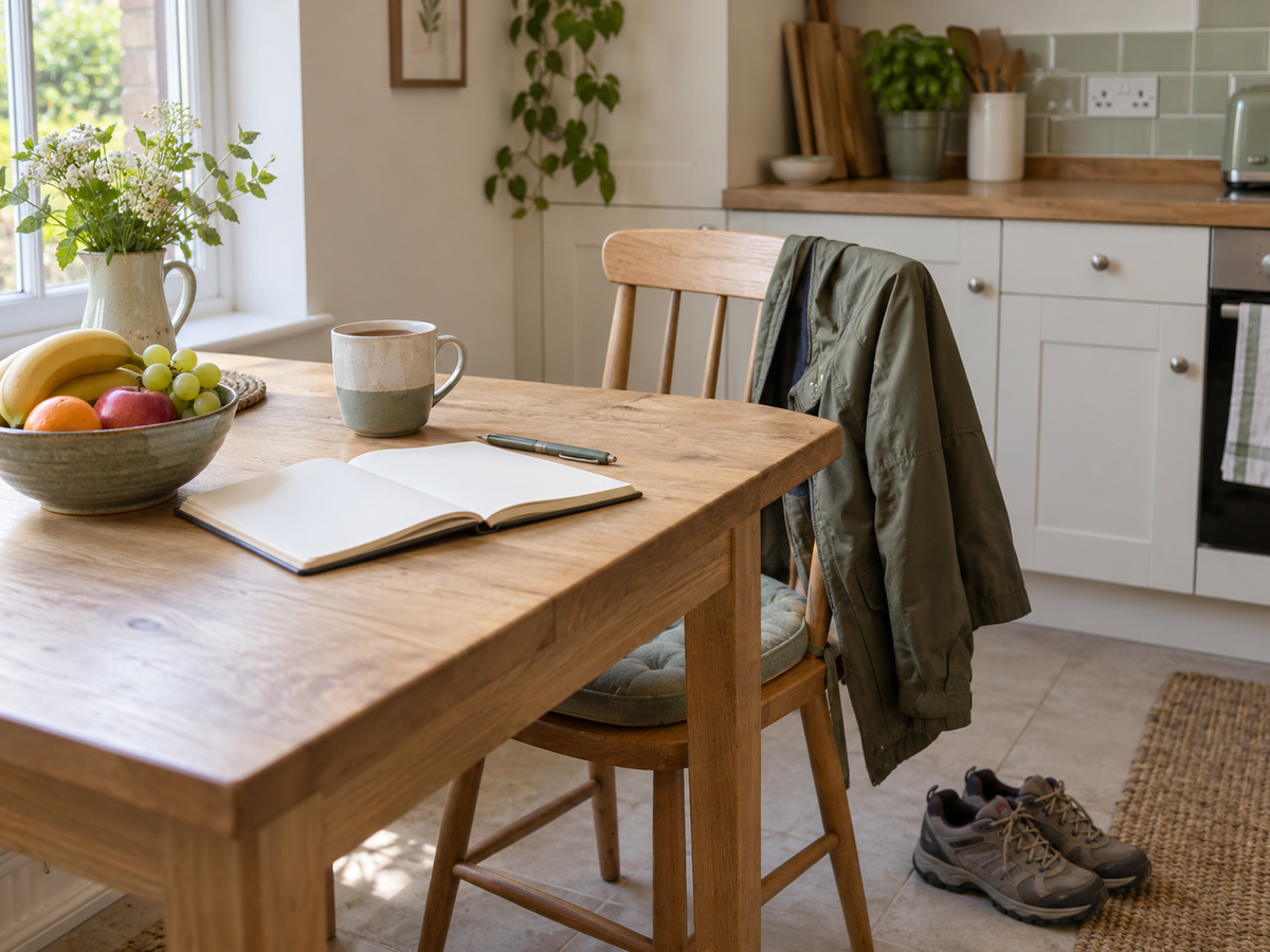 A notebook and a mug on a kitchen table, walking shoes and a coat beside the chair.