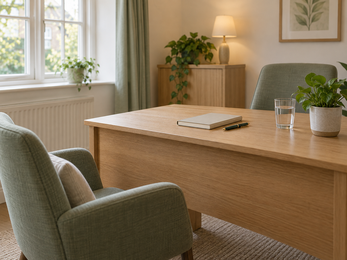 A consulting desk beside a window with a notebook, a pen and a glass of water.