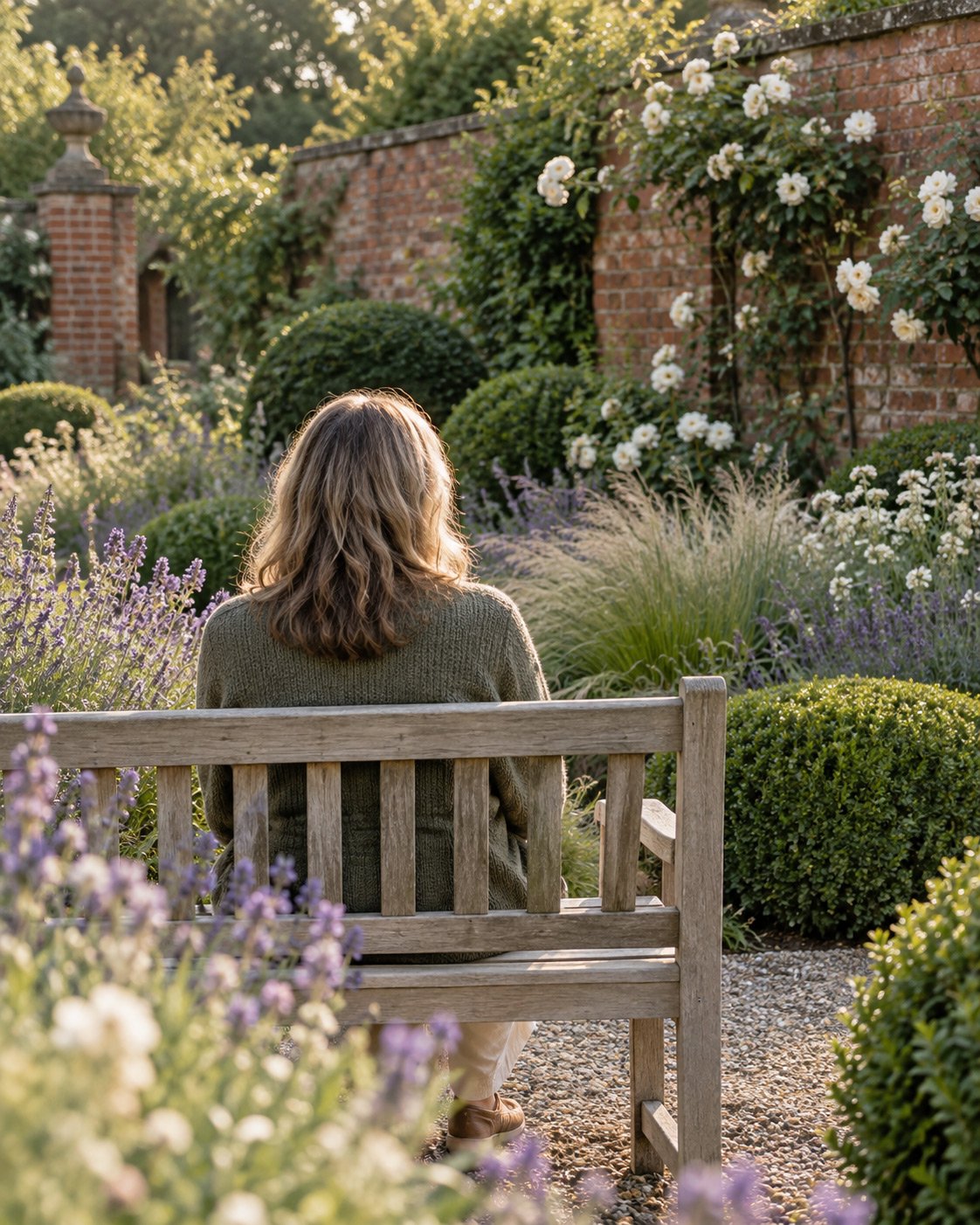 An adult sitting alone on a garden bench, seen from behind.