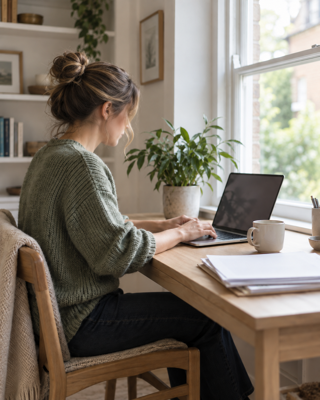 An adult working at a laptop by a window, seen from the side.