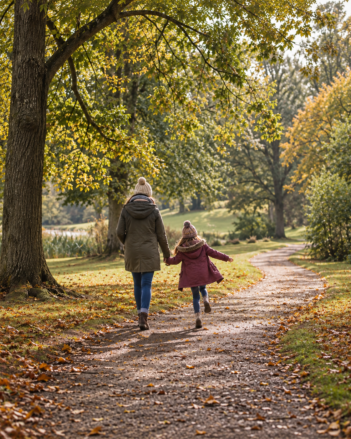 A parent and child walking away along a park path, seen from behind.