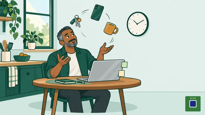 Man at a kitchen table juggling keys, a phone and a mug among sticky notes, showing adult ADHD symptoms day to day