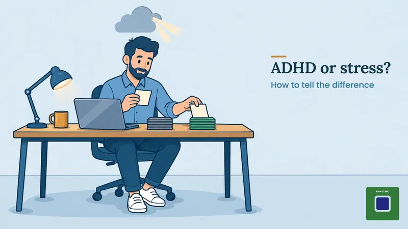 Man at a desk under a small grey cloud, sorting sticky notes as he wonders whether it is ADHD or stress