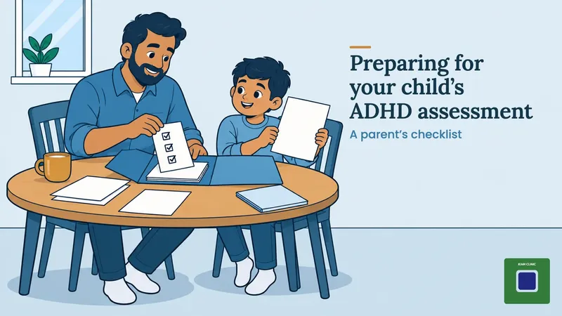 Parent and child at a kitchen table sorting school reports into a folder before a child ADHD assessment