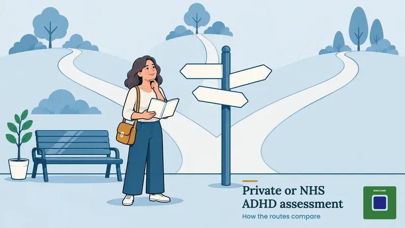 Woman at a three-way signpost in a park, weighing up the NHS, Right to Choose and private ADHD assessment routes
