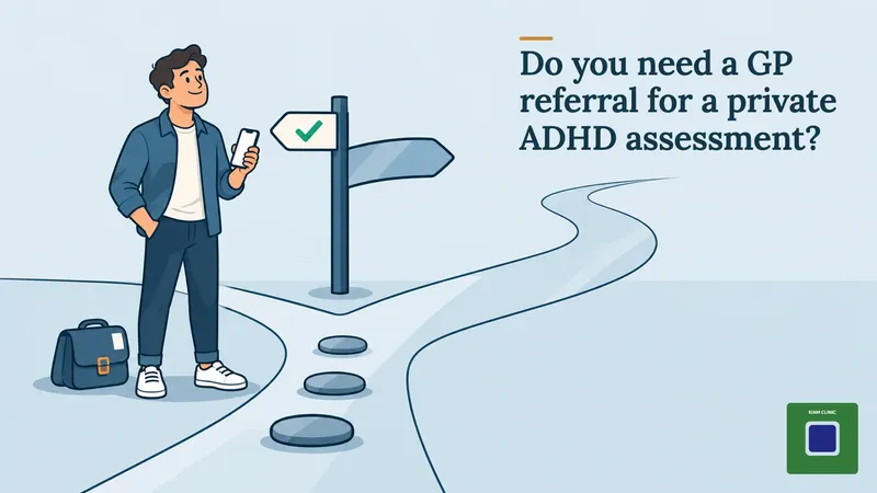 Person checking a simple two-step signpost before booking a private ADHD assessment, no GP referral needed