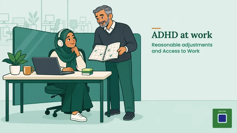 Woman with headphones working calmly at a quiet desk while a manager offers a planner, showing ADHD reasonable adjustments