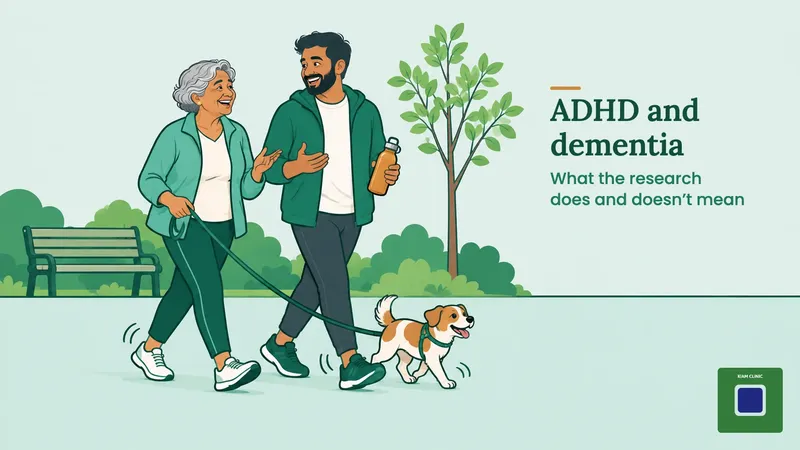 Older woman and her adult son on a brisk park walk, a picture of brain health and ADHD and dementia research