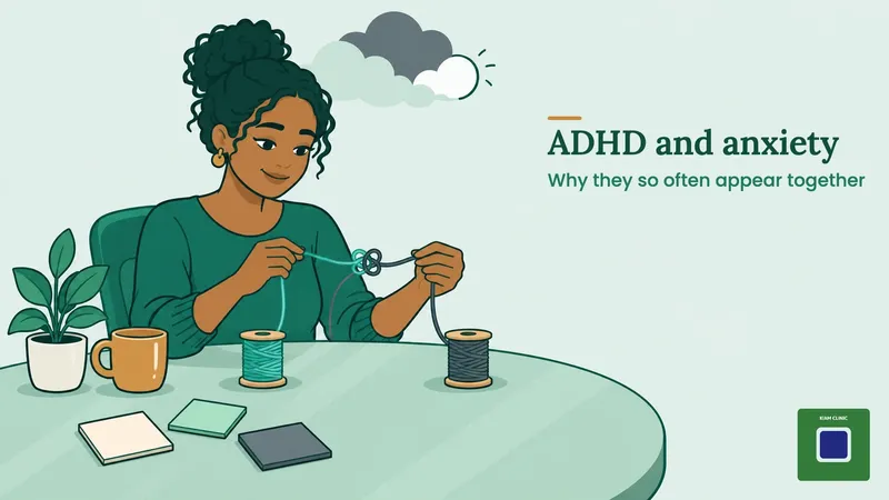 Woman at a kitchen table untangling two coloured threads of worry and focus, showing how ADHD and anxiety overlap