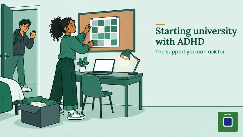 Student unpacking in a new university room, pinning a weekly plan by the desk for ADHD university support