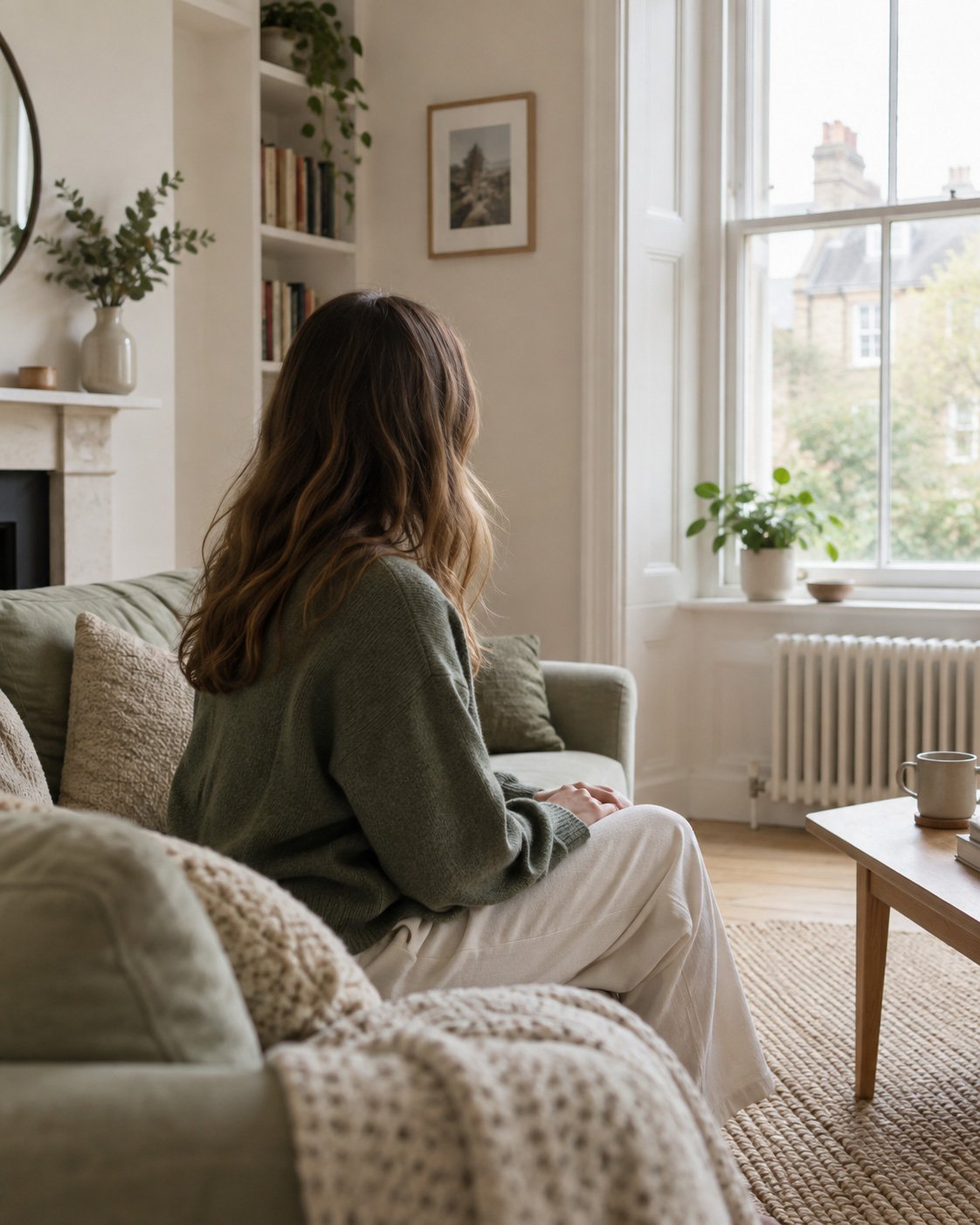 A young adult sitting by a window in a living room, seen from the side.